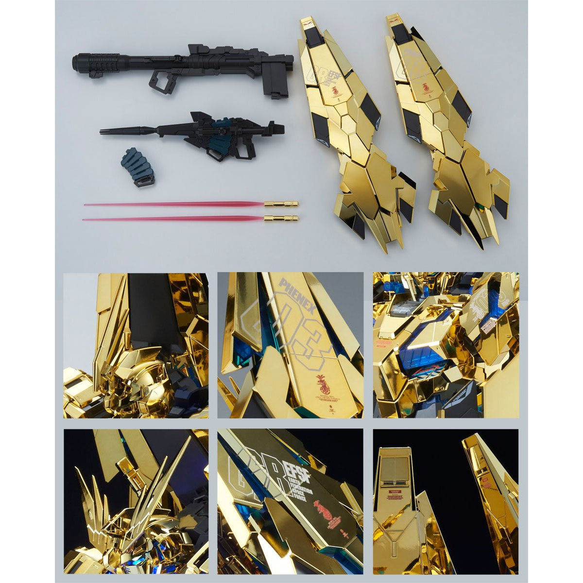P-BANDAI: PG 1/60 UNICORN GUNDAM 03 PHENEX GOLD PLATED LED UNIT SOLD SEPARATELY